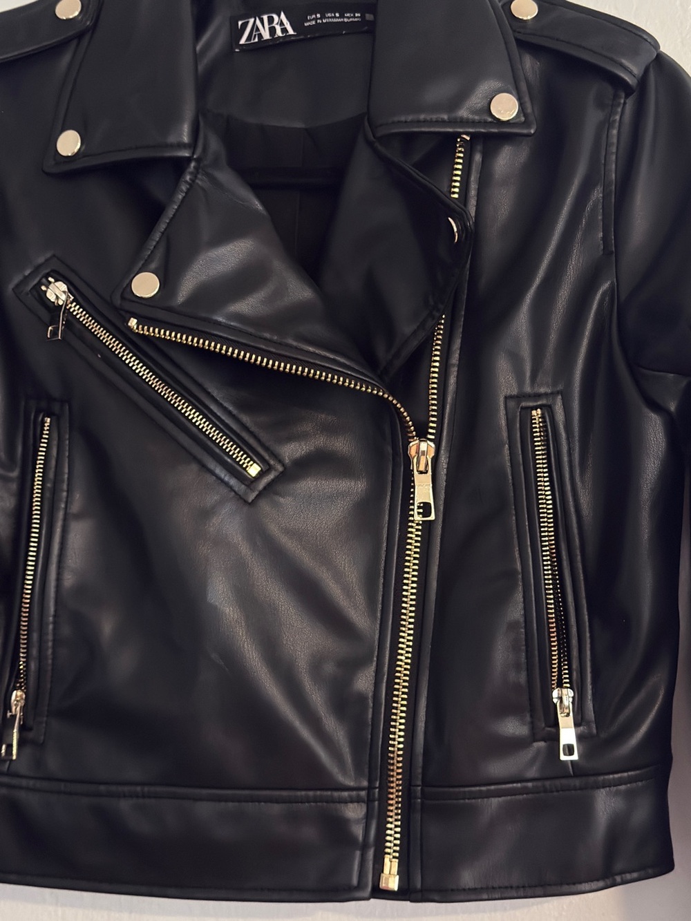 Zara Black Faux Leather Moto Biker Jacket Gold Hardware – Size Small - Picture 5 of 10